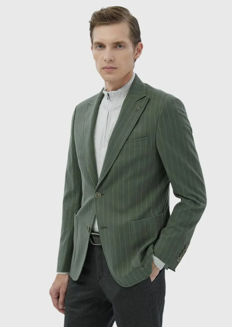 RAMSEY Light Green Striped Zeroweight Slim Fit Cotton Blended Jacket