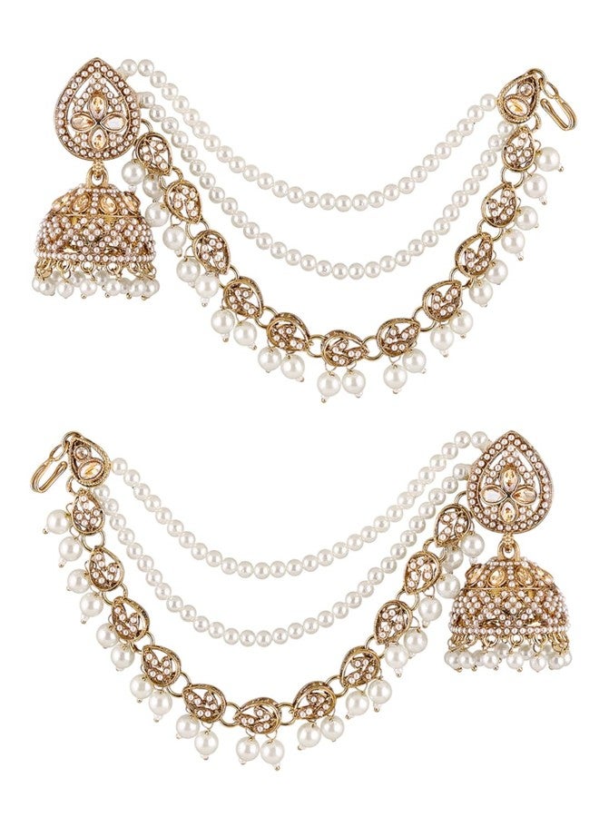 fabula Jewellery Champagne Color Jhumka Earrings with Hair Kaan Chain - Mehndi Gold Tone - Kundan & Pearls - For Women & Girls Stylish Latest (RKE519_Z)- For Women & Girls Stylish Latest - Image 2