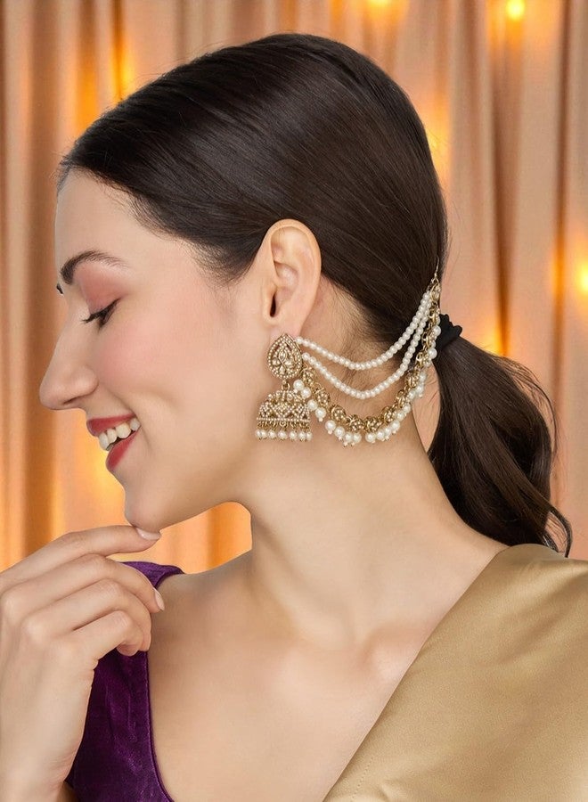 fabula Jewellery Champagne Color Jhumka Earrings with Hair Kaan Chain - Mehndi Gold Tone - Kundan & Pearls - For Women & Girls Stylish Latest (RKE519_Z)- For Women & Girls Stylish Latest - Image 4