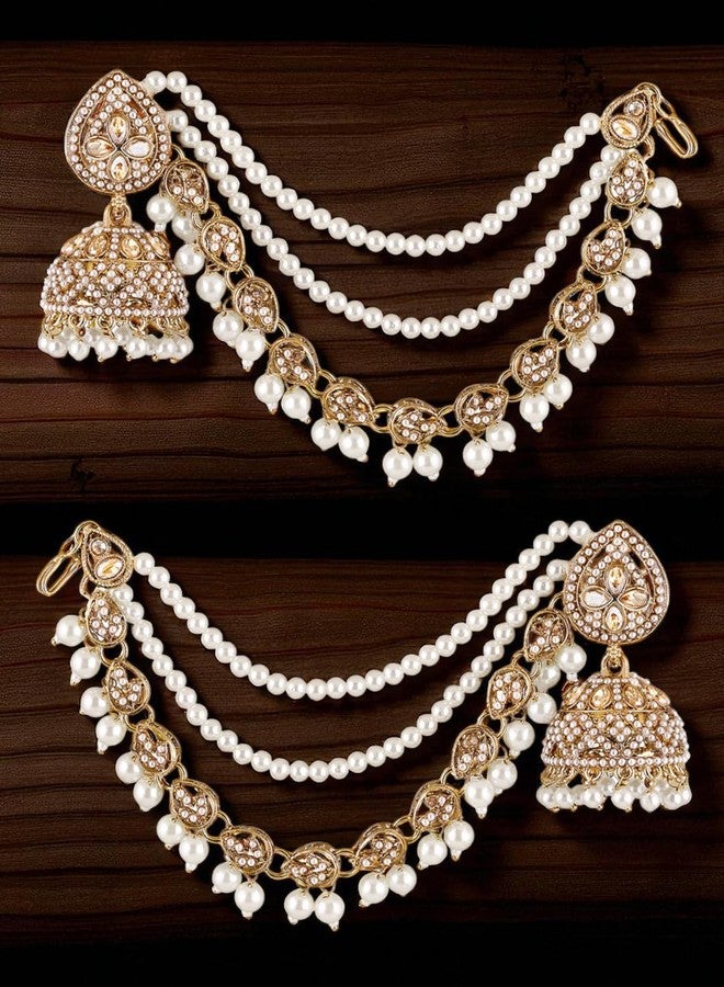 fabula Jewellery Champagne Color Jhumka Earrings with Hair Kaan Chain - Mehndi Gold Tone - Kundan & Pearls - For Women & Girls Stylish Latest (RKE519_Z)- For Women & Girls Stylish Latest - Image 5