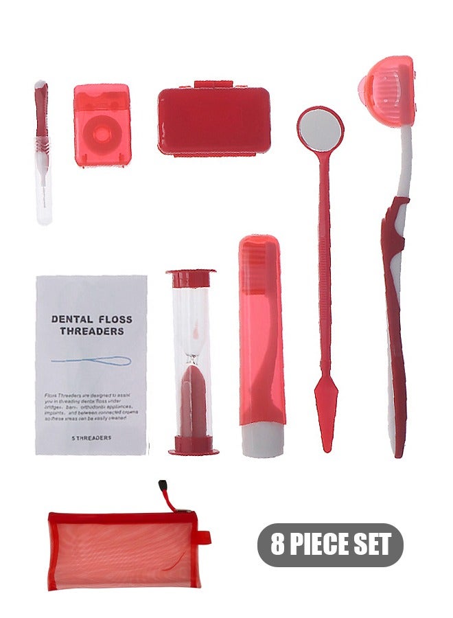 Braces Cleaning Kit, 8 Pack Orthodontic Care Kit Orthodontic Toothbrush Travel Toothbrush Brush Ortho Wax Floss, Oral Mirror Dental Floss Threaders, Hourglass Timer Included (Red) - Image 1