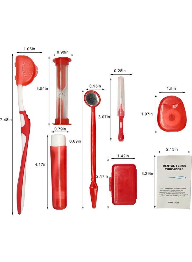 Braces Cleaning Kit, 8 Pack Orthodontic Care Kit Orthodontic Toothbrush Travel Toothbrush Brush Ortho Wax Floss, Oral Mirror Dental Floss Threaders, Hourglass Timer Included (Red) - Image 2