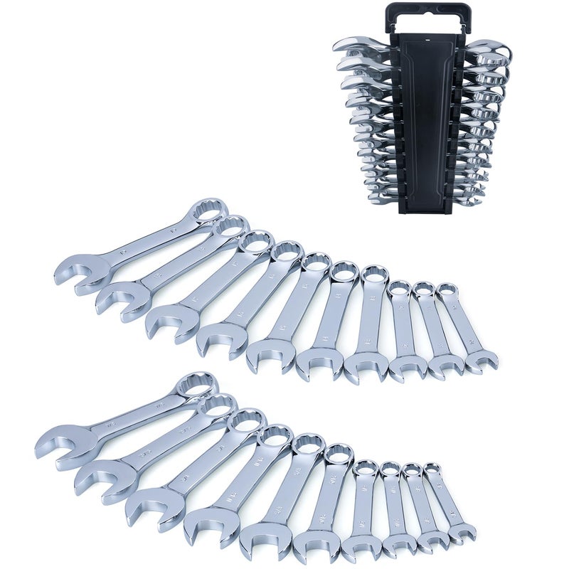 20Piece Metric and SAE Premium Stubby Combination Wrench Set with Storage Rack Metric 10mm to 19mm SAE 516 to 78 No Skipped Size CrV Steel Mirror Chrome Finish Short Length and Slim Body