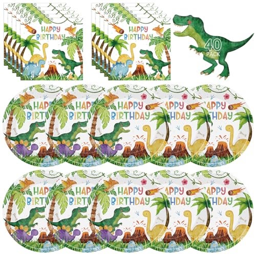 Litmitfu 40 Pcs Dinosaur Plates and Napkins Sets Happy Birthday Dino Party Supplies Tableware Watercolor Disposable Paper Plates Napkins Kit for Dinosaur Birthday Party Decorations Table Decor Serves 20 - Image 1
