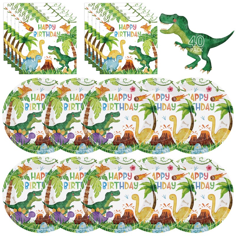 Litmitfu 40 Pcs Dinosaur Plates and Napkins Sets Happy Birthday Dino Party Supplies Tableware Watercolor Disposable Paper Plates Napkins Kit for Dinosaur Birthday Party Decorations Table Decor Serves 20 - Image 2