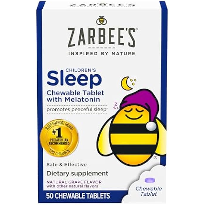 Zarbee's أقراص زاربي للأطفال القابلة للمضغ، 1 ملغ من الميلاتونين، مكمل نوم فعال وخالي من الأدوية، بنكهة العنب الطبيعية، بدون محليات أو ألوان صناعية، خالي من الجلوتين، للأعمار من 3 سنوات فما فوق، 50 حبة - Image 1