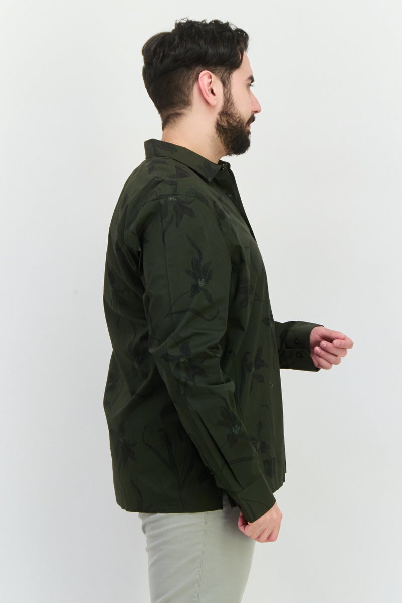 PERRY ELLIS قميص رجالي كاجوال بأكمام طويلة مزخرف بالأزهار، زيتوني - Image 2