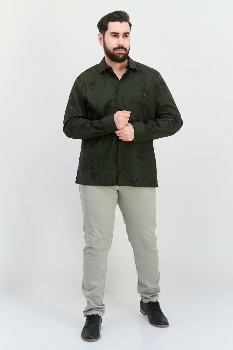 PERRY ELLIS قميص رجالي كاجوال بأكمام طويلة مزخرف بالأزهار، زيتوني - Image 4