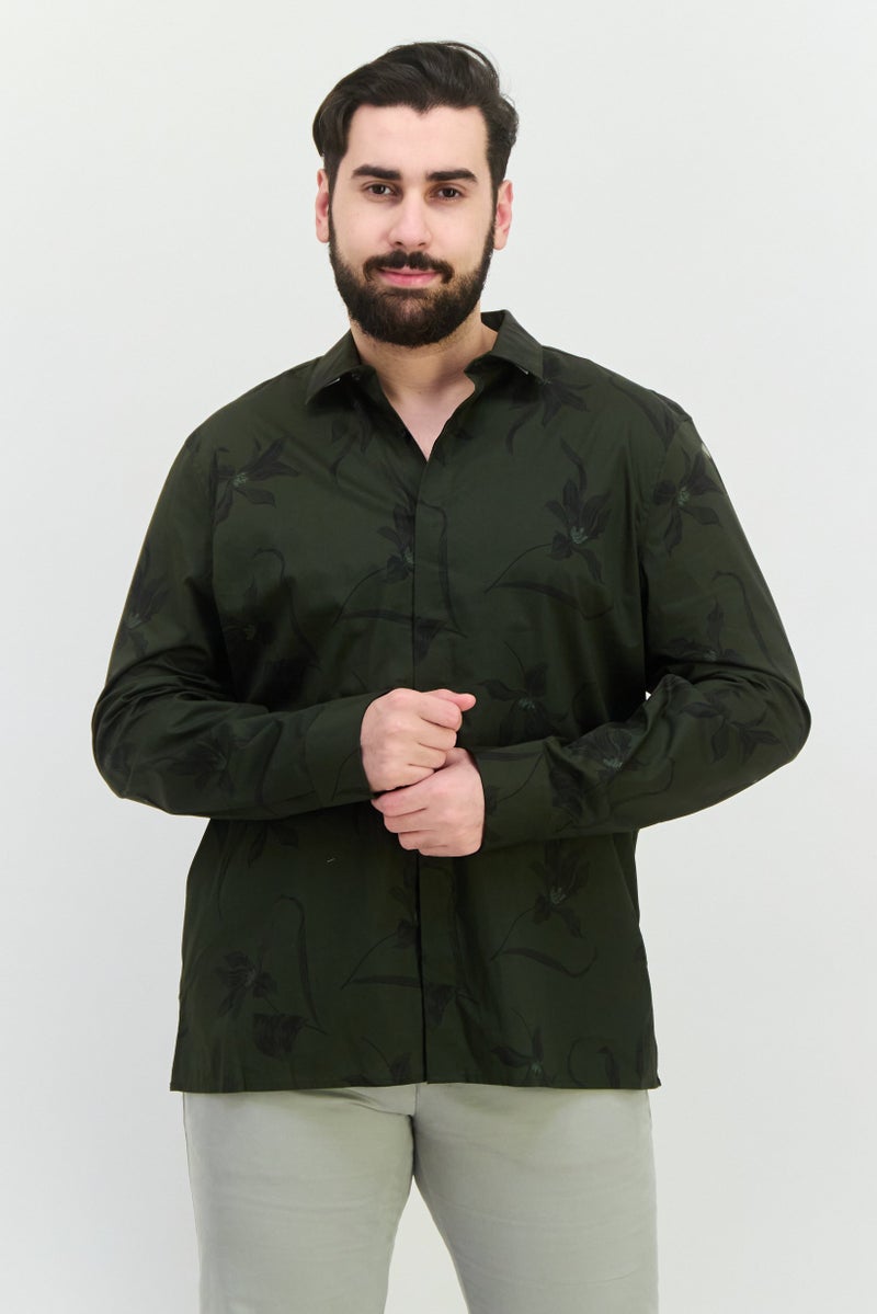 PERRY ELLIS قميص رجالي كاجوال بأكمام طويلة مزخرف بالأزهار، زيتوني - Image 1
