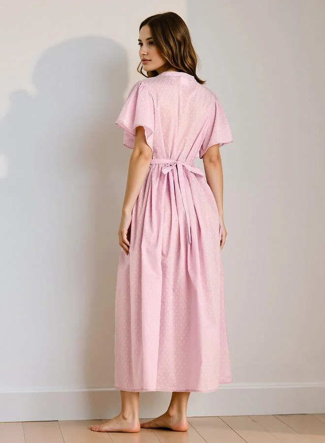Splash FAV Textured Dobby Night Gown with Tie-Up Belt and Flutter Sleeves