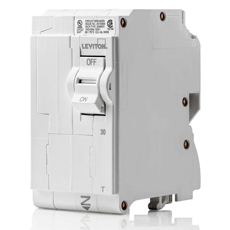 Leviton LB230-T 30A 2-Pole Plug-On Standard Branch Circuit Breaker, Thermal Magnetic, 120/240 VAC, White - Image 1
