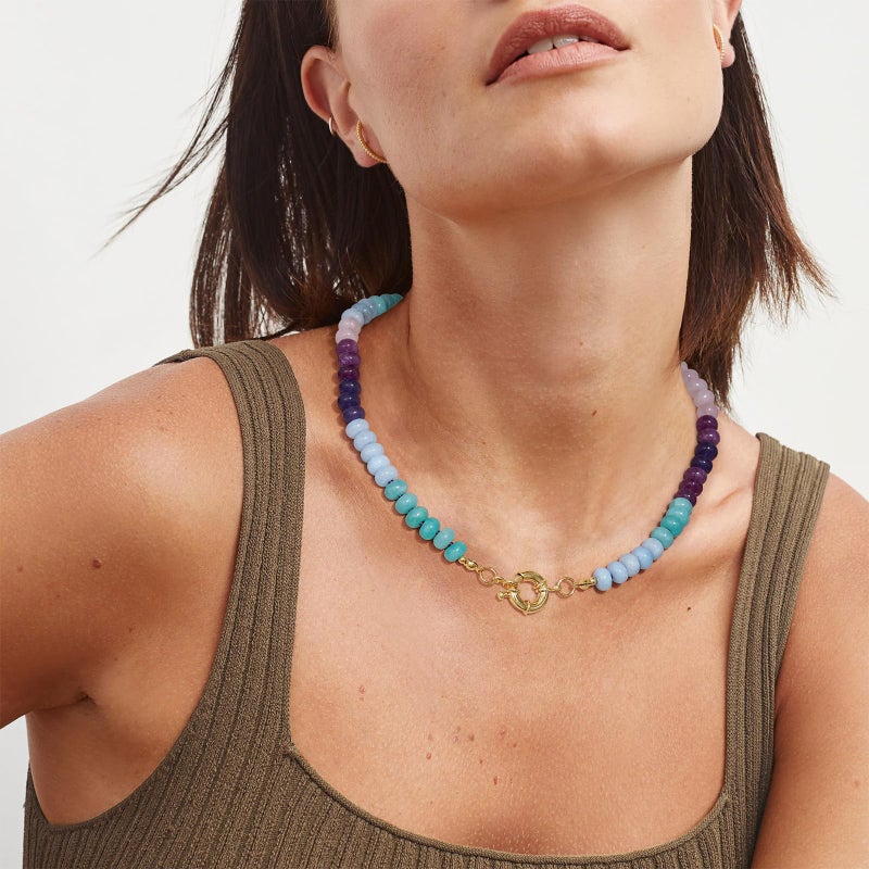 KissYan Beaded Gemstone Necklace for Women, Colorful Boho Bead Choker Natural Stone Surfer Beach Necklaces 14K Gold Plated Summer Handmade Jewelry(J49) - Image 3
