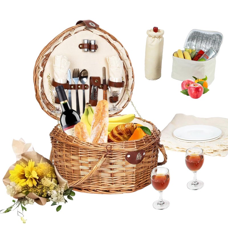 RORLAND Heart Shaped Picnic Basket Set 2 Person,Wicker Romantic Willow Woven Basket W/Tableware for Camping Indoor Outdoor Party,Couple Gift for Valentine's Day,Engagement,Wedding,Anniversary,Birthday - Image 1