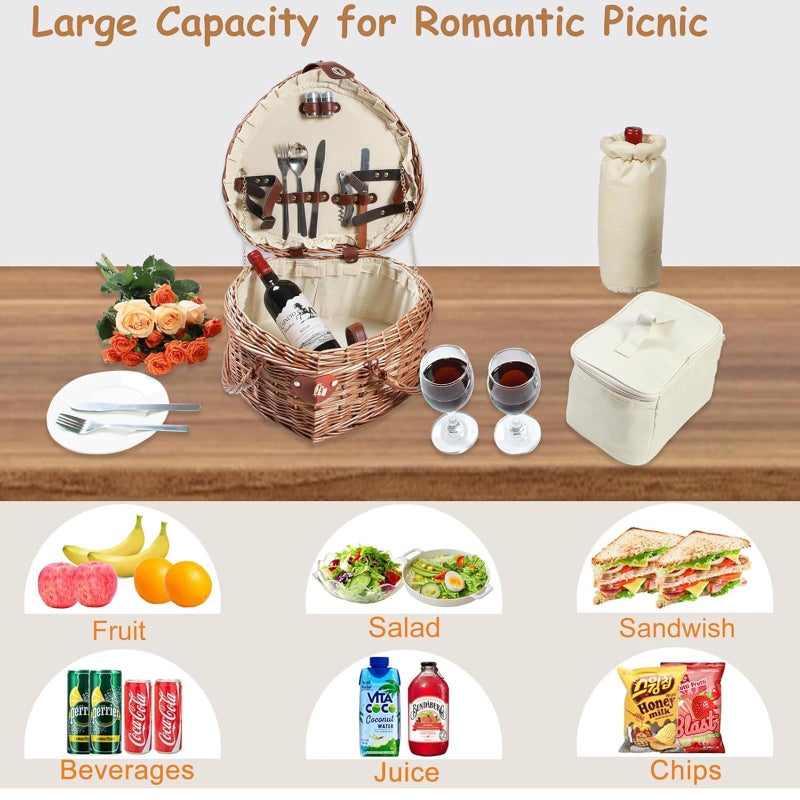 RORLAND Heart Shaped Picnic Basket Set 2 Person,Wicker Romantic Willow Woven Basket W/Tableware for Camping Indoor Outdoor Party,Couple Gift for Valentine's Day,Engagement,Wedding,Anniversary,Birthday - Image 5