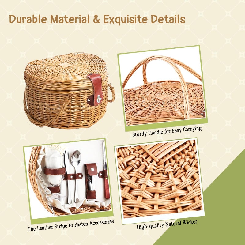 RORLAND Heart Shaped Picnic Basket Set 2 Person,Wicker Romantic Willow Woven Basket W/Tableware for Camping Indoor Outdoor Party,Couple Gift for Valentine's Day,Engagement,Wedding,Anniversary,Birthday - Image 3