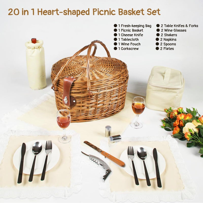 RORLAND Heart Shaped Picnic Basket Set 2 Person,Wicker Romantic Willow Woven Basket W/Tableware for Camping Indoor Outdoor Party,Couple Gift for Valentine's Day,Engagement,Wedding,Anniversary,Birthday - Image 2