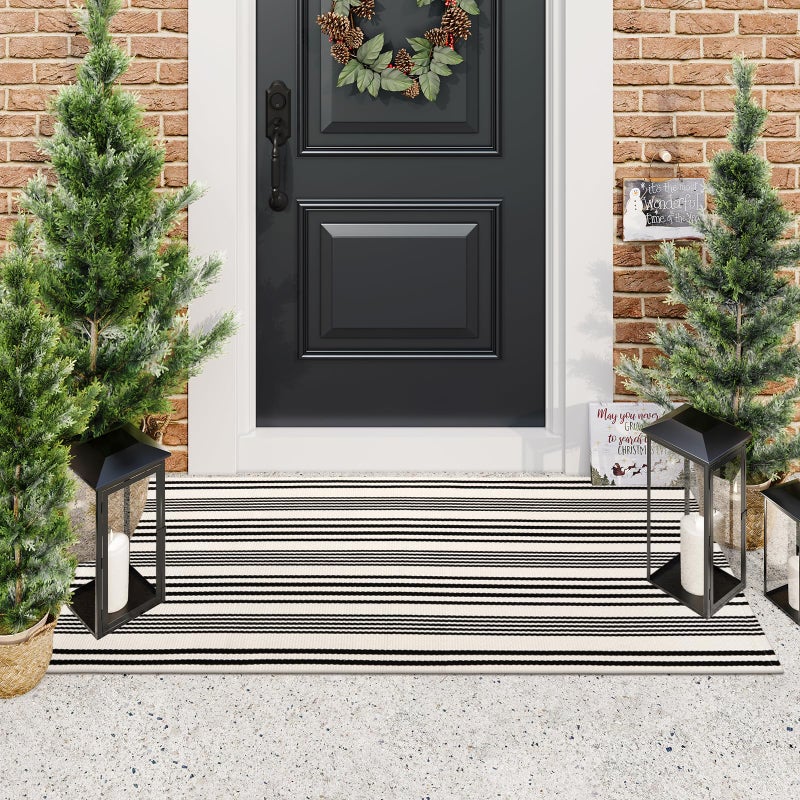 LEEVAN Black and White Striped Outdoor Rug  2 x 4.3 Cotton Hand-Woven Reversible Front Porch Rug Washable Front Door Mat Entryway Rugs Welcome Layered Doormat Carpet for Patio Farmhouse Kitchen - Image 2