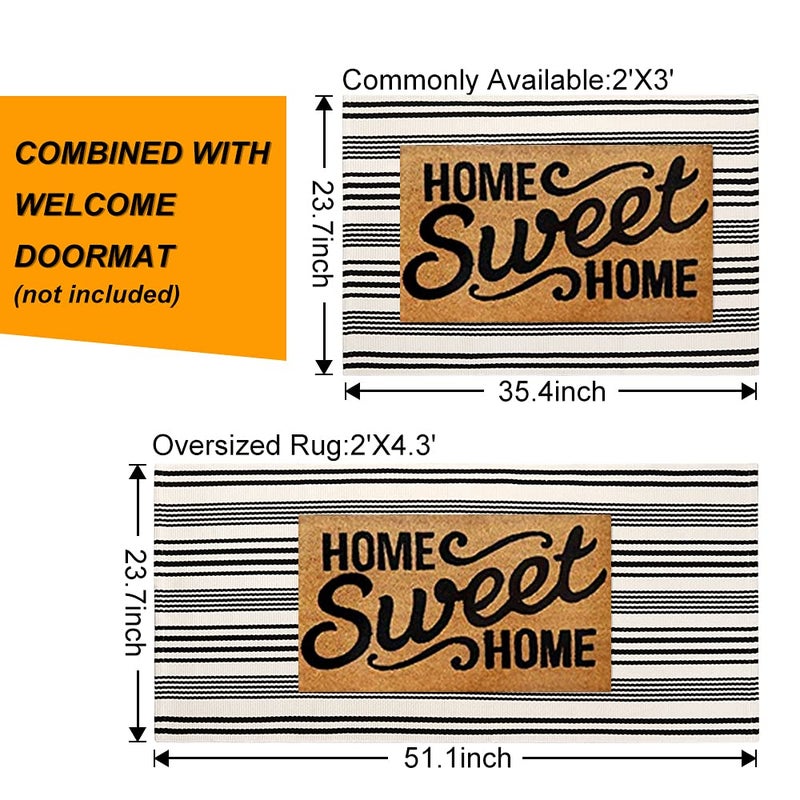 LEEVAN Black and White Striped Outdoor Rug  2 x 4.3 Cotton Hand-Woven Reversible Front Porch Rug Washable Front Door Mat Entryway Rugs Welcome Layered Doormat Carpet for Patio Farmhouse Kitchen - Image 5