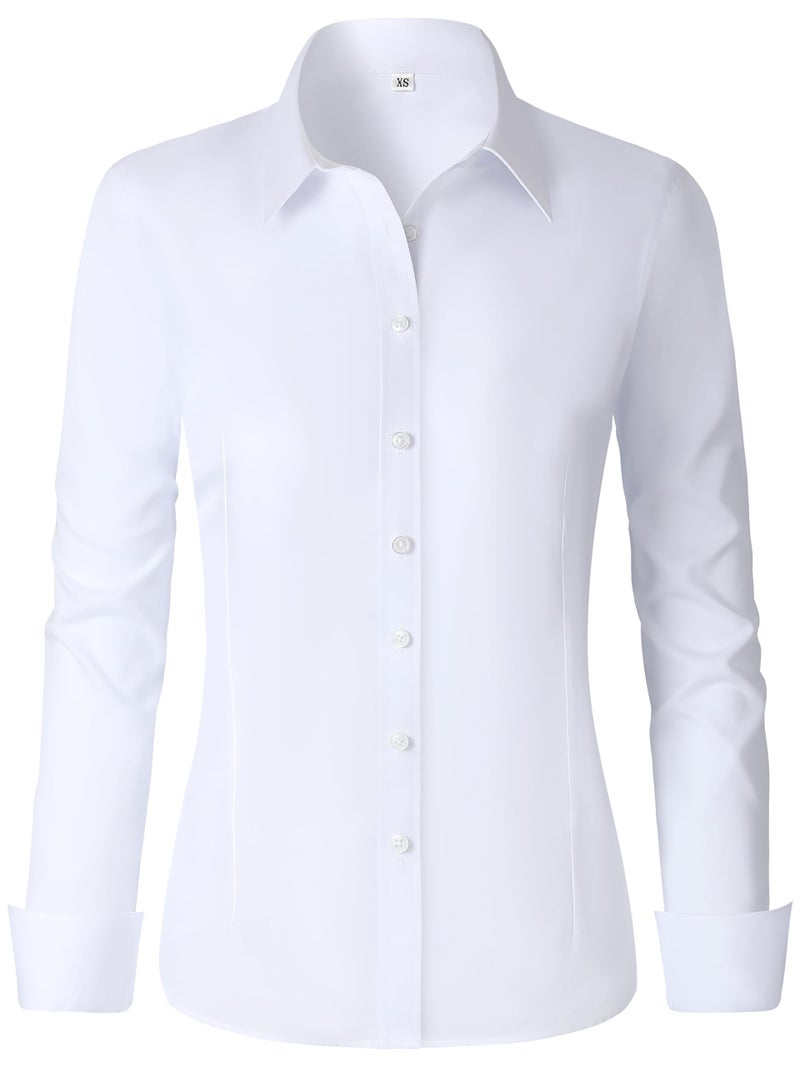 CUNLIN White Blouse for Women Long Sleeve Fitted Cotton Button Down up Tunic Cute v Neck Work Blouses top Womens Tops Dressy Business Casual Collar Dress Shirt Office Button-Down Shirts White Size XL - Image 2