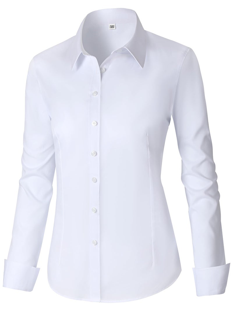CUNLIN White Blouse for Women Long Sleeve Fitted Cotton Button Down up Tunic Cute v Neck Work Blouses top Womens Tops Dressy Business Casual Collar Dress Shirt Office Button-Down Shirts White Size XL - Image 1