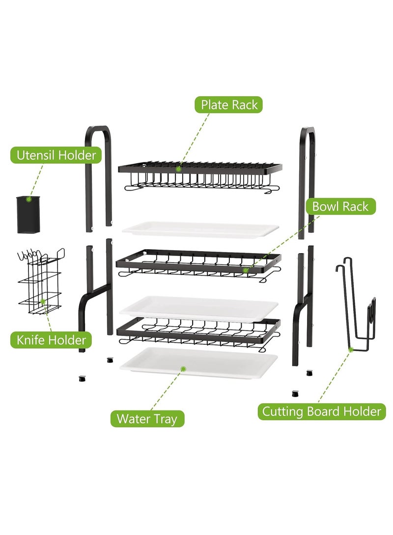 Dish Drying Rack Metal 3-Tier Large Capacity Dish Rack with Utensil Holder, Cutting Board Holder,Drain Board Tray Kitchen Organizers for Kitchen Counter