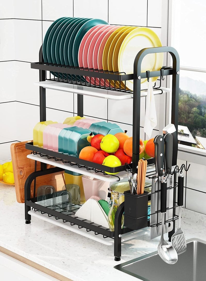 Dish Drying Rack Metal 3-Tier Large Capacity Dish Rack with Utensil Holder, Cutting Board Holder,Drain Board Tray Kitchen Organizers for Kitchen Counter