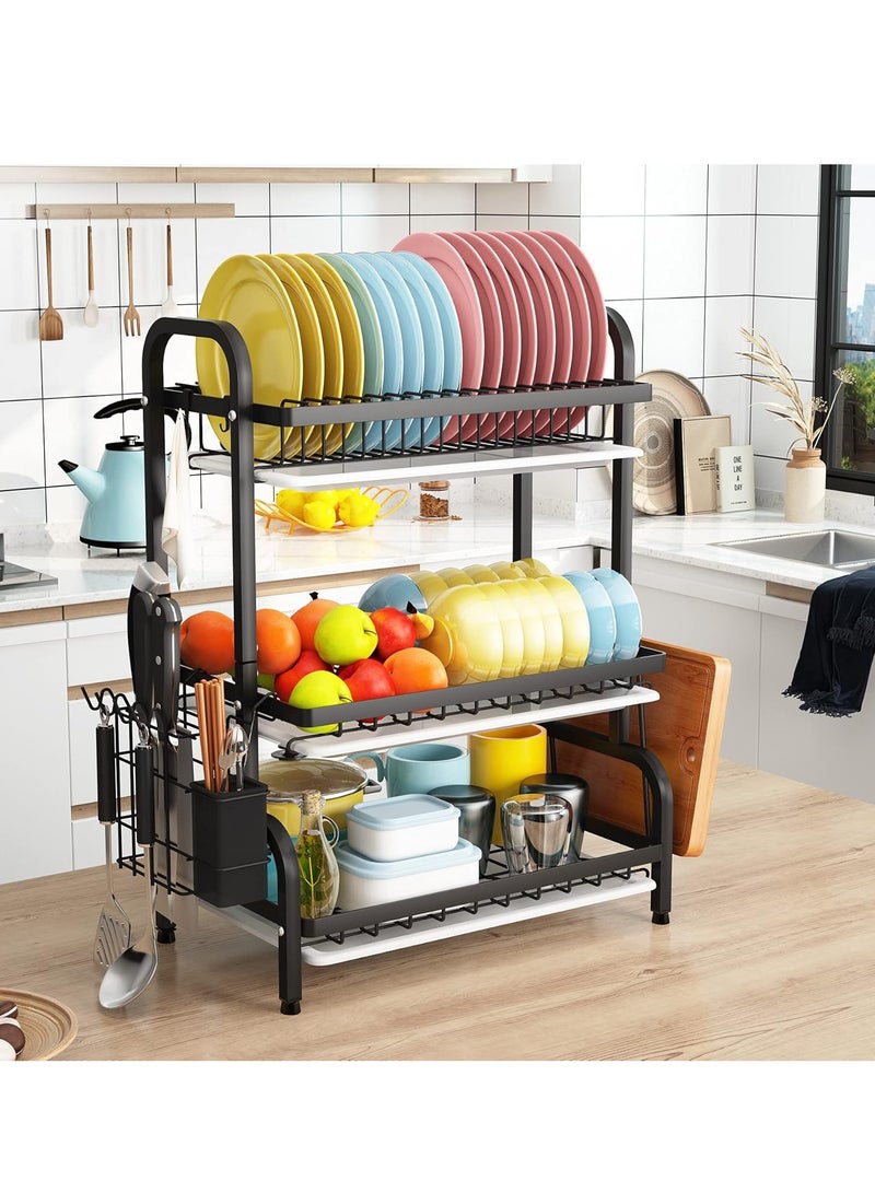 Dish Drying Rack Metal 3-Tier Large Capacity Dish Rack with Utensil Holder, Cutting Board Holder,Drain Board Tray Kitchen Organizers for Kitchen Counter