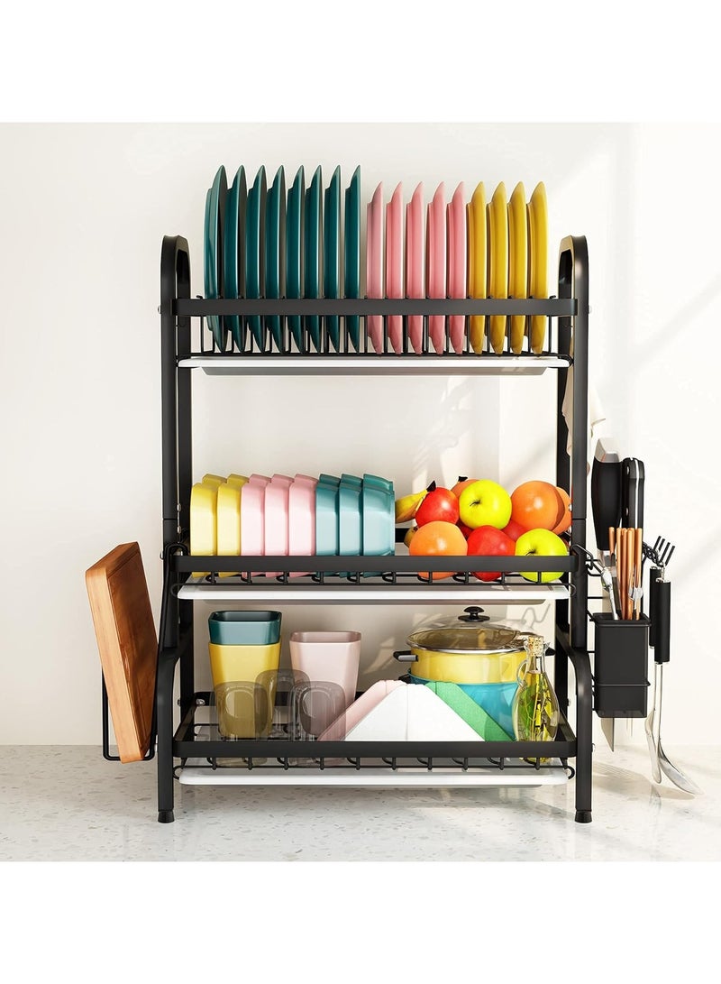Dish Drying Rack Metal 3-Tier Large Capacity Dish Rack with Utensil Holder, Cutting Board Holder,Drain Board Tray Kitchen Organizers for Kitchen Counter
