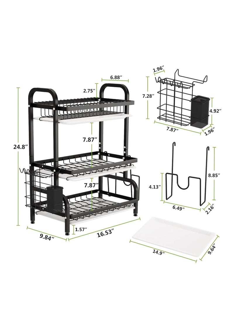 Dish Drying Rack Metal 3-Tier Large Capacity Dish Rack with Utensil Holder, Cutting Board Holder,Drain Board Tray Kitchen Organizers for Kitchen Counter