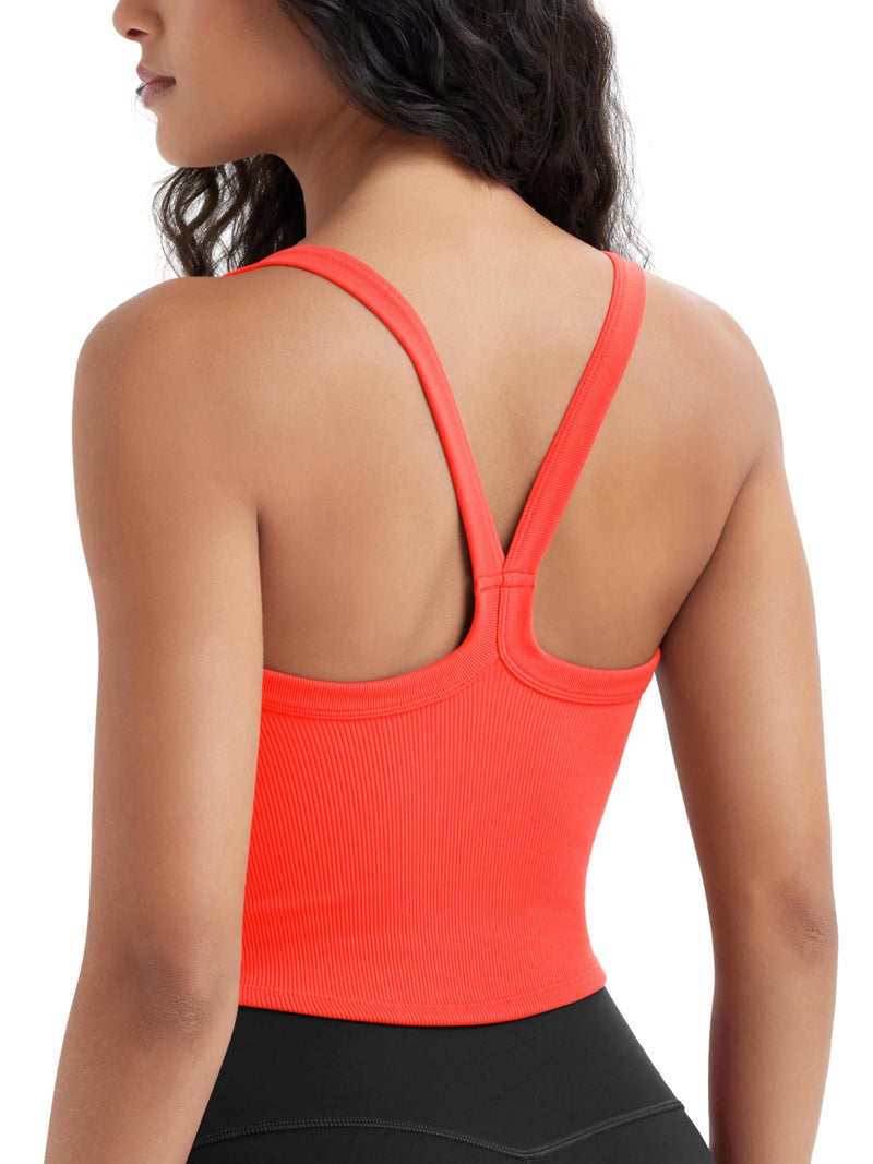 ODODOS Women's Seamless Crop Cami Wide Scoop Neck Ribbed Soft Open Racerback Cropped Tank, Neon Coral, Small - Image 1