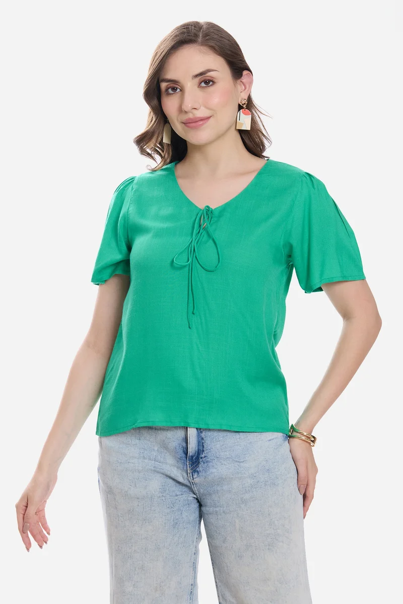 فيرجيو Solid Viscose Puff Sleeve Top for Women