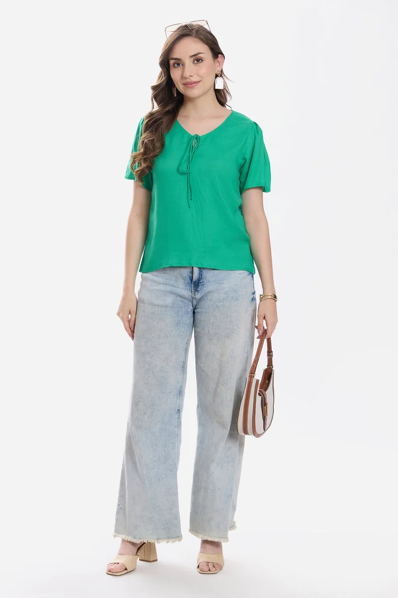 فيرجيو Solid Viscose Puff Sleeve Top for Women