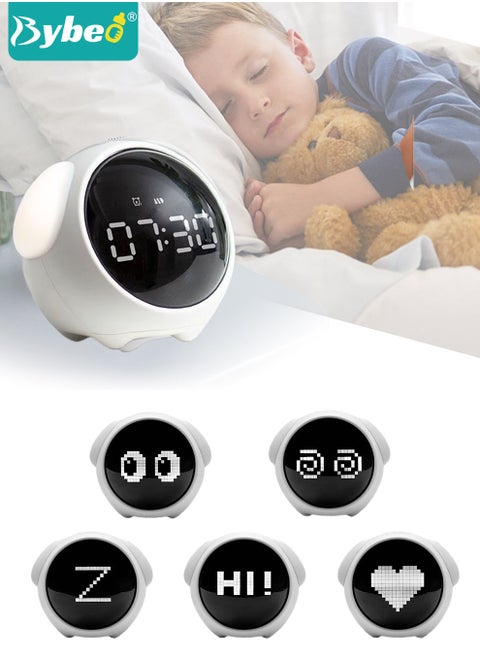 Kids Alarm Clock, Number Time Clock, Night Light Clock with Emoji, Small Digital Alarm Clock, Children's Sleep Trainer with Voice-Controll, Adjustable Volume, 12/24 Hr Time and Temperature Display