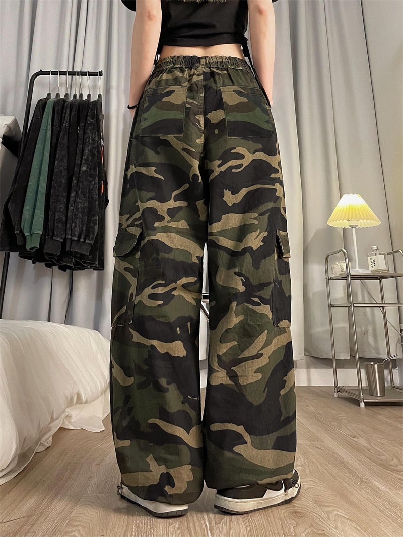 SESERAGI Cargo Pants Women Baggy Streetwear Y2K Drawstring Trousers Wide Leg Pants Camo Green L - Image 2