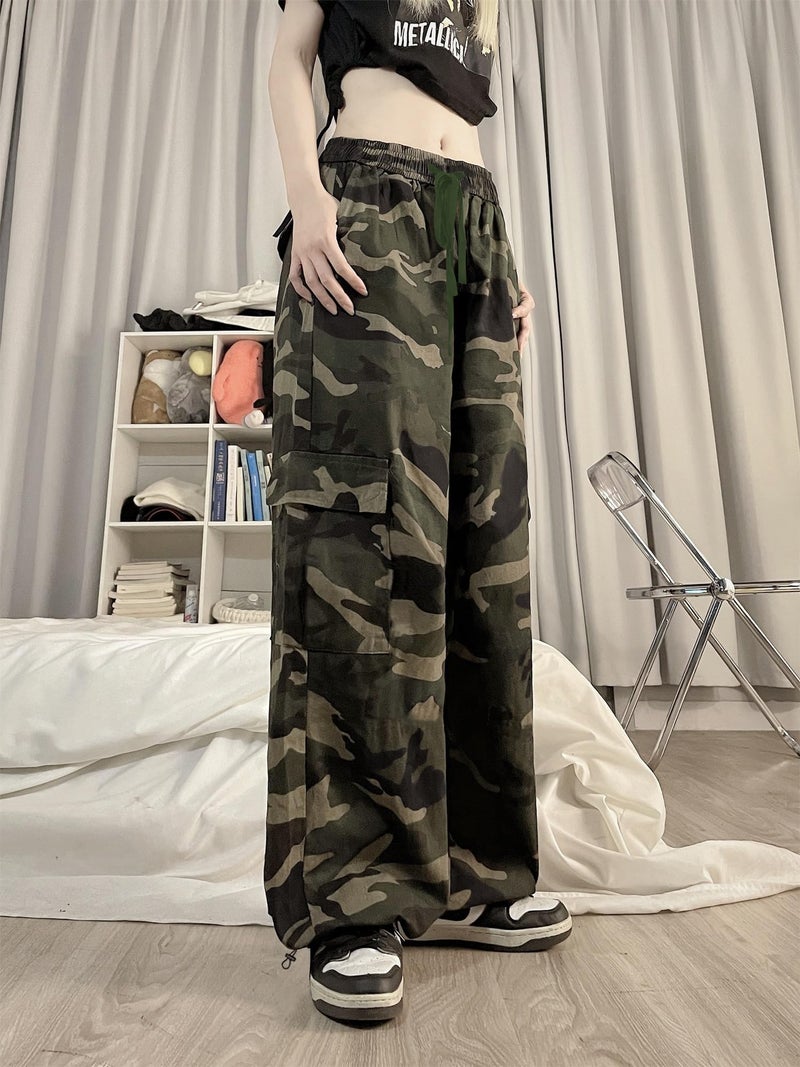 SESERAGI Cargo Pants Women Baggy Streetwear Y2K Drawstring Trousers Wide Leg Pants Camo Green L - Image 3