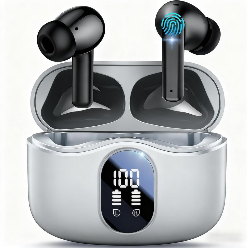 Garlo True Wireless Earbuds Bluetooth Earphones with Active Noise Cancelling in Ear Buds 4 Mic Clear Calls Headphones Wireless 40H Led Display, Multipoint Connect (Grey) - Image 1
