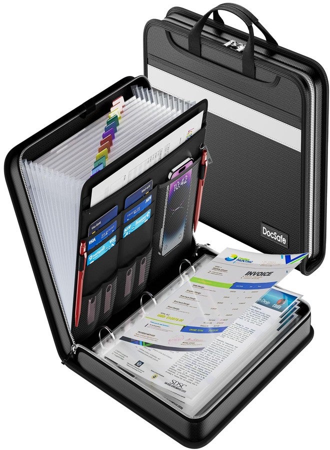 DocSafe منظم ملفات DocSafe بسحاب مع 30 غلافًا واقيًا للورق، مقاوم للحريق، قابل للتوسيع بـ 12 علامة تبويب مع جيوب متعددة، تخزين آمن للمستندات في المنزل أو المدرسة أو المكتب، حلقة دائرية 1.5 بوصة، أسود - Image 1