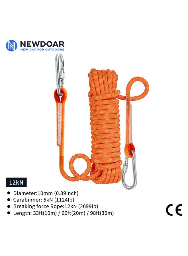 Newdoar Climbing Rope 8(5/16in),10mm (3/8in), High Strength Accessory Cord Rope with 2 Steel Hooks, for Outdoor Rescue Rappelling Rope Down Cliffs ledges Safety Escape Tow Strap Equipment(Orange) - Image 2
