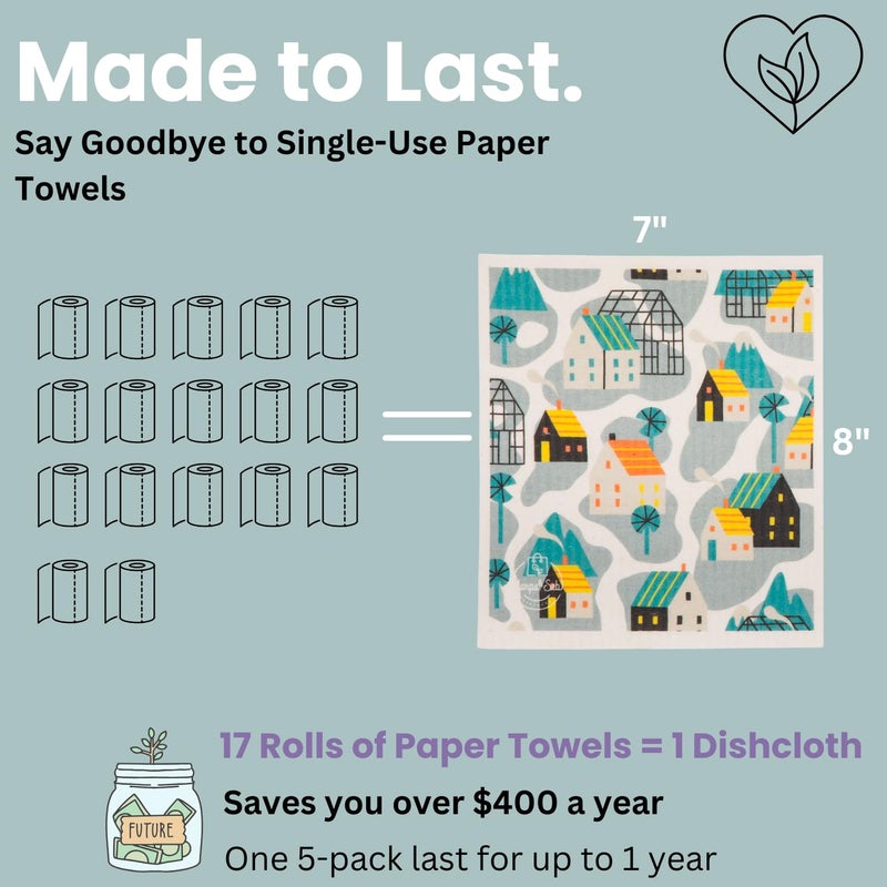 Harps&Seb Swedish Dishcloths for Kitchen Dish Towels - 5 Pack, Non-Scratch Reusable Paper Towels, Super Absorbent Washable Swedish Dish Cloths, No Odor, Biodegradable, Home Design - Image 5