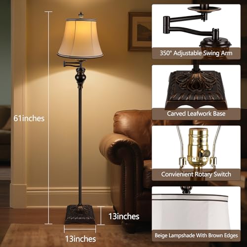 PARTPHONER Vintage Floor Lamps for Living Room,Traditional 350° Adjustable Swing Arm Farmhouse Floor Lamp for Bedroom, Rustic Standing Lamp Pole Lamps for Reading, Home Décor and Office, Brown - Image 2