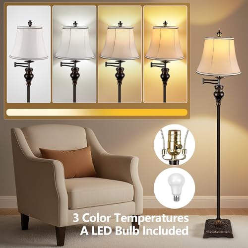 PARTPHONER Vintage Floor Lamps for Living Room,Traditional 350° Adjustable Swing Arm Farmhouse Floor Lamp for Bedroom, Rustic Standing Lamp Pole Lamps for Reading, Home Décor and Office, Brown - Image 4