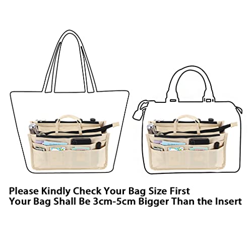 BTSKY Printing Handbag Organizers Inside Purse Insert - High Capacity 13 Pockets Bag Tote Organizer with Handle Beige - Image 4