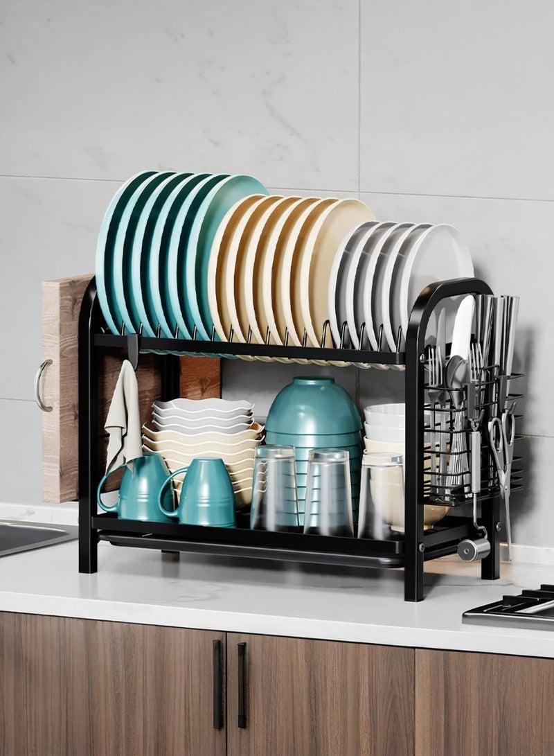 شهقلزس رف تجفيف الأطباق - رف أطباق من الفولاذ المقاوم للصدأ لطاولة المطبخ، ومنظمات مطبخ من طبقتين ورف تخزين مع لوح تصريف وحامل أدوات مائدة، كبير، أسود - Image 1