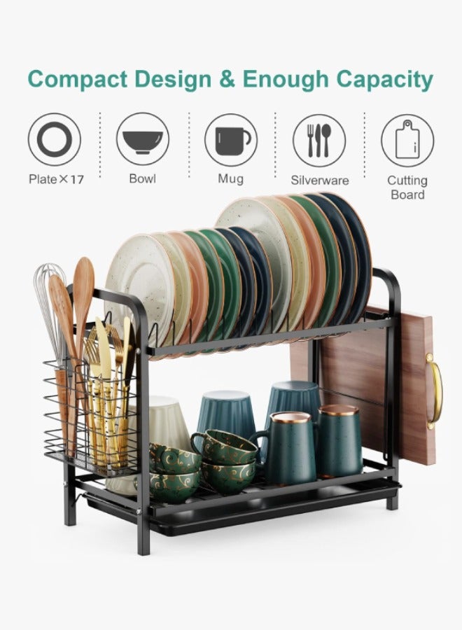 شهقلزس رف تجفيف الأطباق - رف أطباق من الفولاذ المقاوم للصدأ لطاولة المطبخ، ومنظمات مطبخ من طبقتين ورف تخزين مع لوح تصريف وحامل أدوات مائدة، كبير، أسود - Image 3