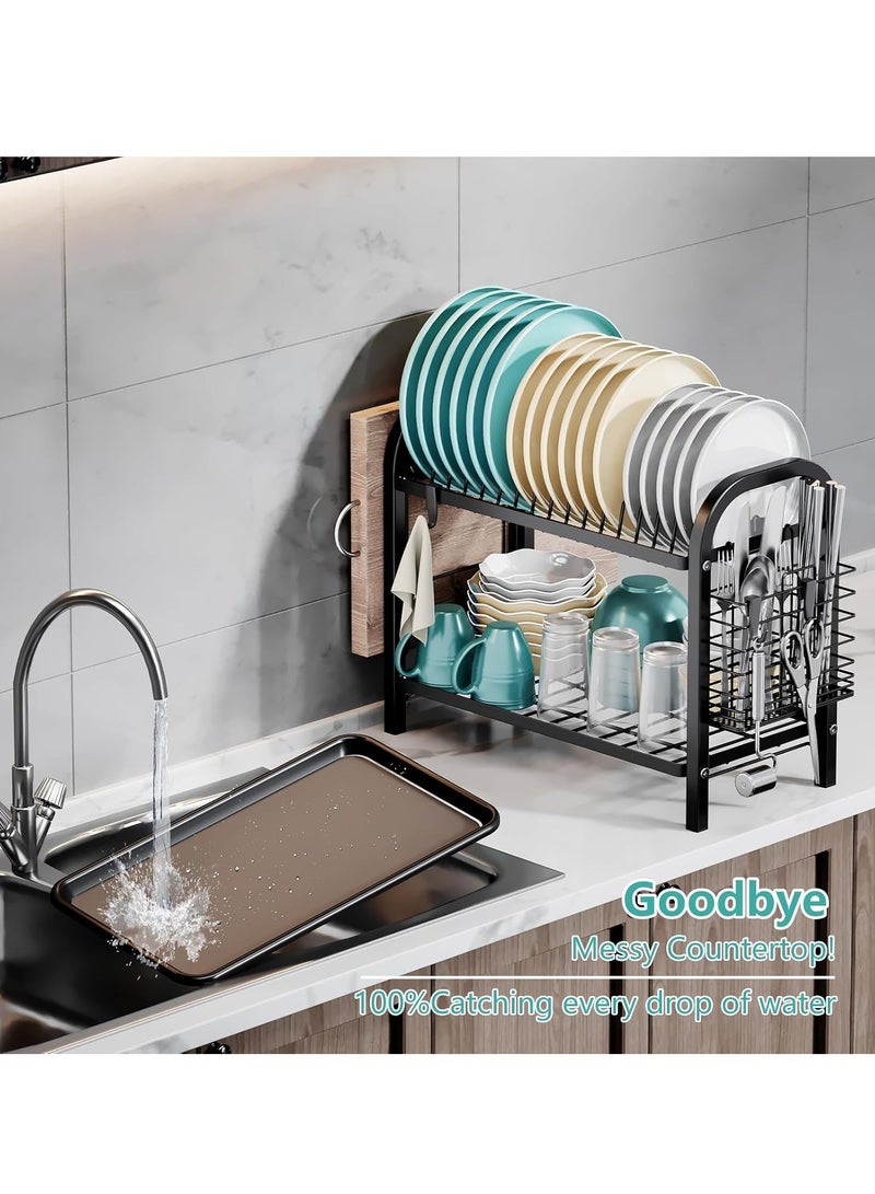 شهقلزس رف تجفيف الأطباق - رف أطباق من الفولاذ المقاوم للصدأ لطاولة المطبخ، ومنظمات مطبخ من طبقتين ورف تخزين مع لوح تصريف وحامل أدوات مائدة، كبير، أسود - Image 4