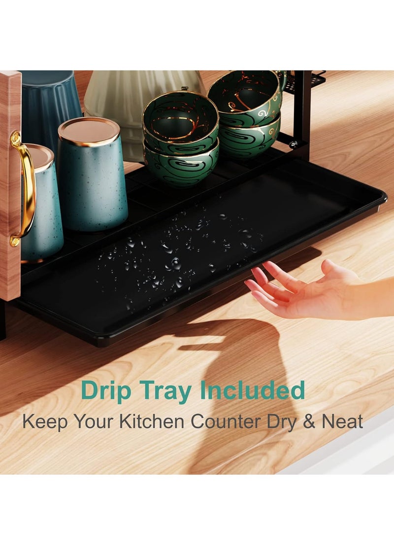 شهقلزس رف تجفيف الأطباق - رف أطباق من الفولاذ المقاوم للصدأ لطاولة المطبخ، ومنظمات مطبخ من طبقتين ورف تخزين مع لوح تصريف وحامل أدوات مائدة، كبير، أسود - Image 5