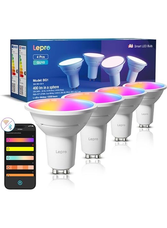 Lepro BG1 AI Smart Bulbs GU10, 400lm 4.5W Spotlight Bulb Dimmable, RGB 2700K-5700K, 50W Halogen Equivalent, Personalized AI Lighting Designer, Voice Control Music Sync, Bluetooth & WiFi Bulb, 4 Packs