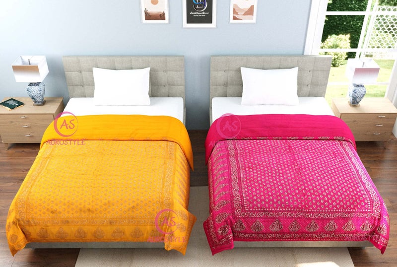 WORLDNEX 400 TC Pure Cotton Jaipuri Design Printed Light Weight Traditional Rajasthani Print Single Bed Quilt/Razai/Rajai (Design 3, Single Bed - Set of 2 Combo Set) - Image 4