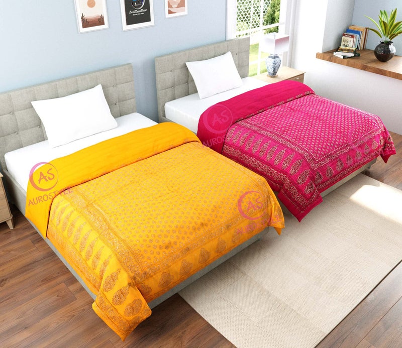 WORLDNEX 400 TC Pure Cotton Jaipuri Design Printed Light Weight Traditional Rajasthani Print Single Bed Quilt/Razai/Rajai (Design 3, Single Bed - Set of 2 Combo Set) - Image 5