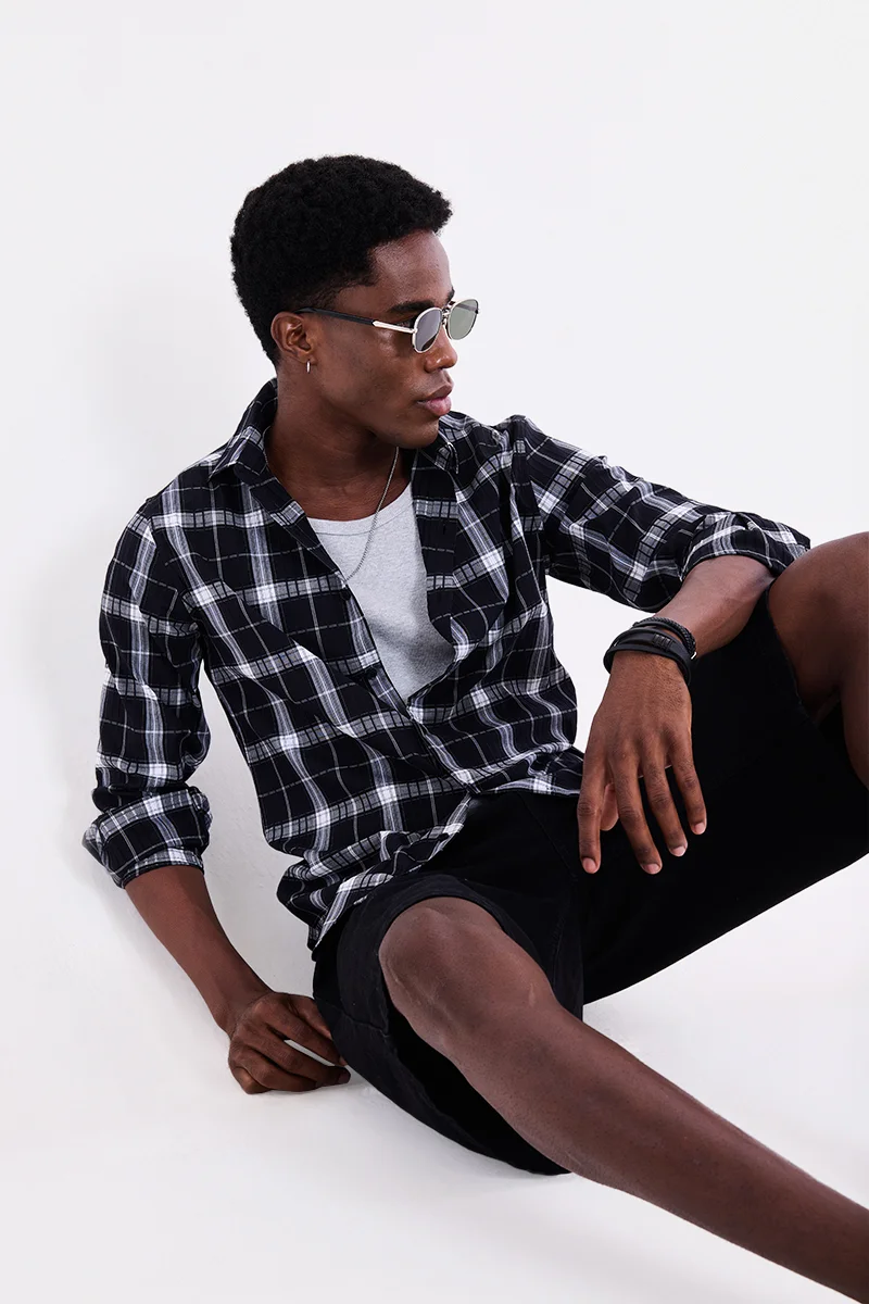 سنيتش Black Checkered Long Sleeve Slim Fit Shirt